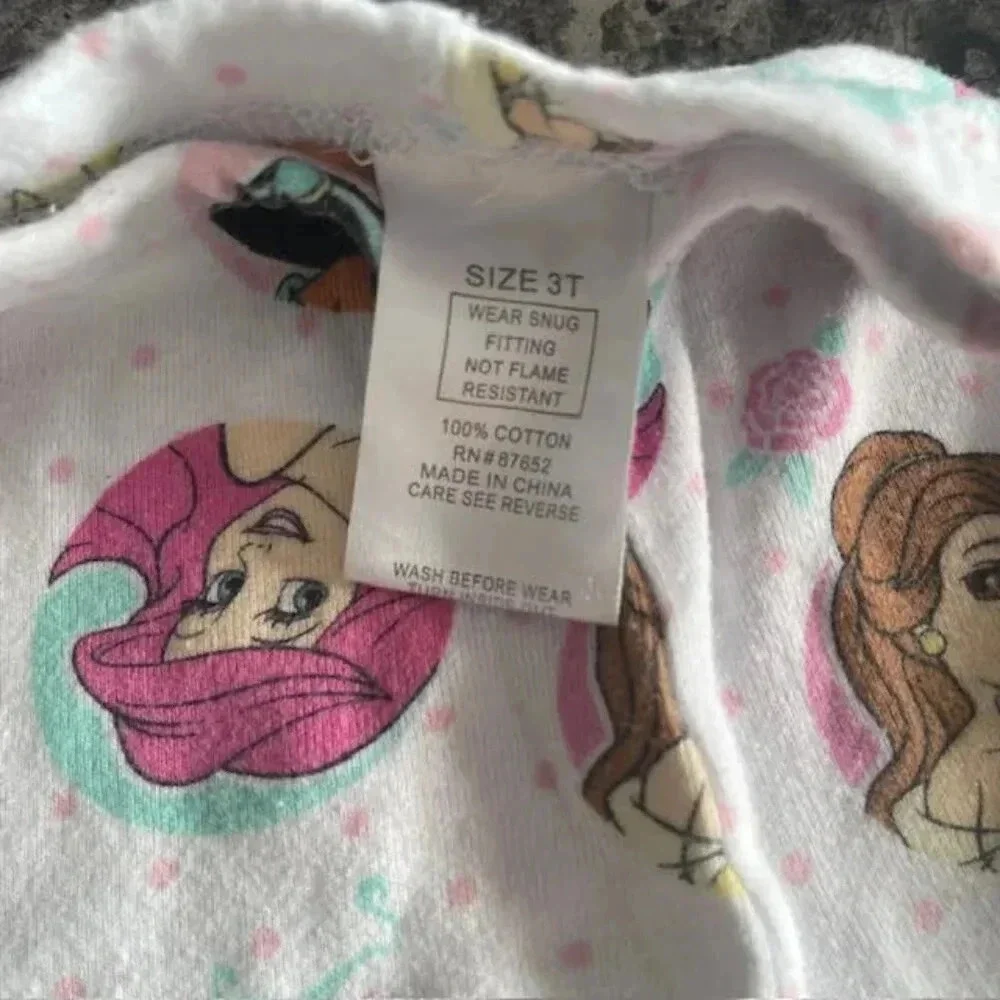 2 PC Girls Size 3T Disney Princess Cotton Pajama Set - Ariel, Belle, Jasmine